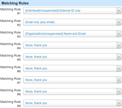 Extended Contact Matcher (XCM) configuration form - Matching rules